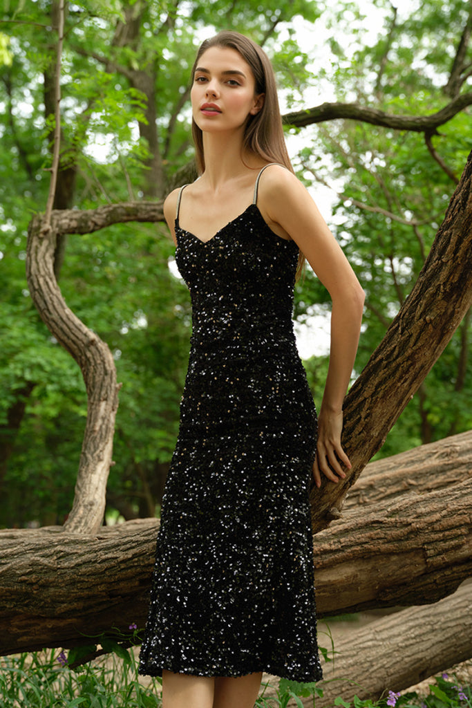 Black Sequin V-Neck Spaghetti-Strap Midi Dress  Fibflx