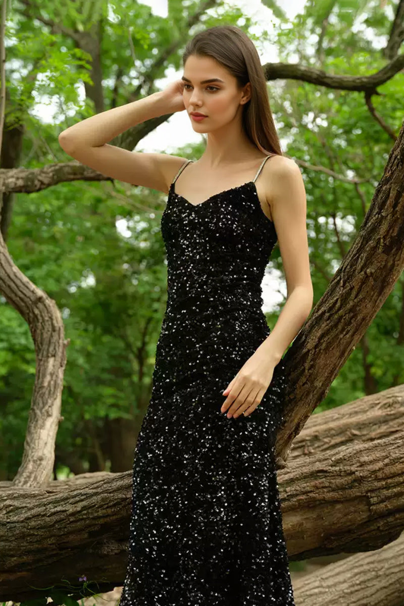 spaghetti strap midi dress formal Black Sequin V-Neck Spaghetti-Strap PM / Black / 100% Recycled Polyester fall24