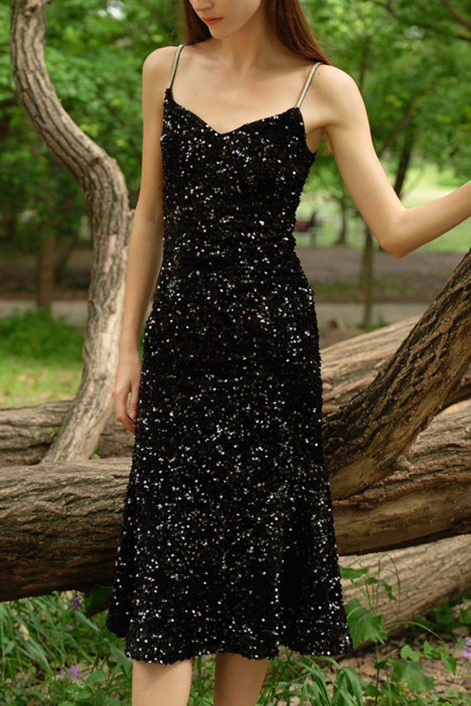 Black Sequin V-Neck Spaghetti-Strap Midi Dress  Fibflx