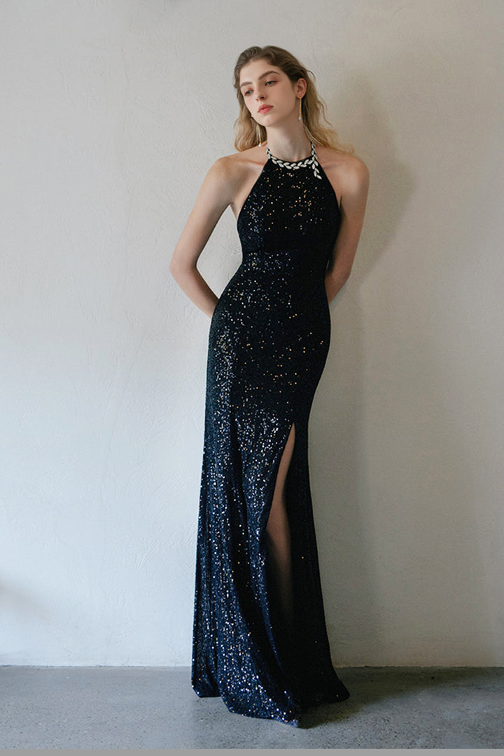 Black Sequined Halter Open-Back Evening Gown with High Slit Black / S