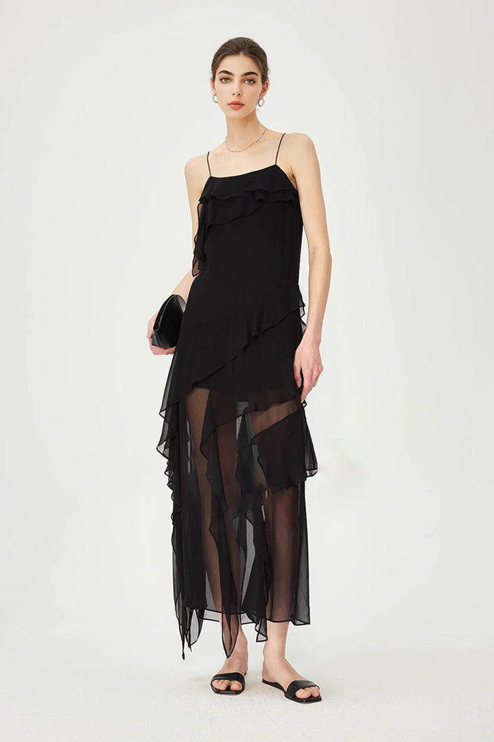 Black Silk-Blend Ruffle Slip Maxi Dress Chocolate Brown / S