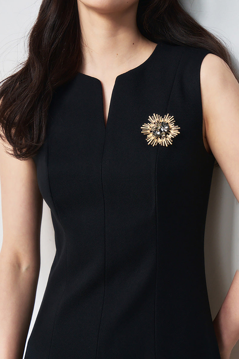 Black Sleeveless A-Line Mini Shift Dress with Brooch M / Black / 80% Recycled Polyester 20% Viscose