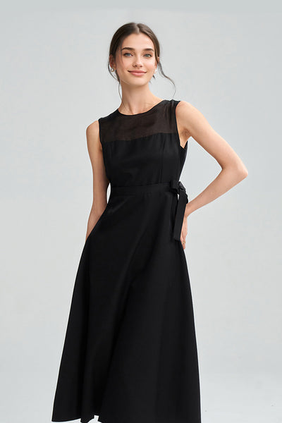 open lace back dress Black Sleeveless A-Line Organza Midi Dress with Bow