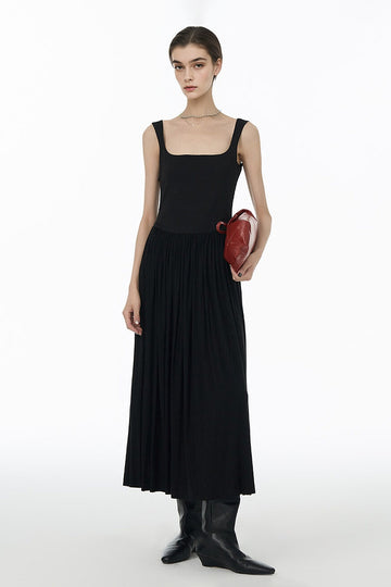 Black Sleeveless Pleated Square-Neck Tank Midi Dress - Fibflx
