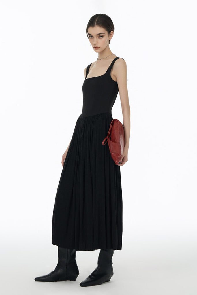 Black Sleeveless Pleated Square-Neck Tank Midi Dress  Fibflx