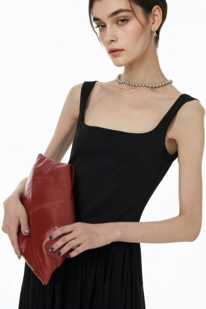 Black Sleeveless Pleated Square-Neck Tank Midi Dress  Fibflx