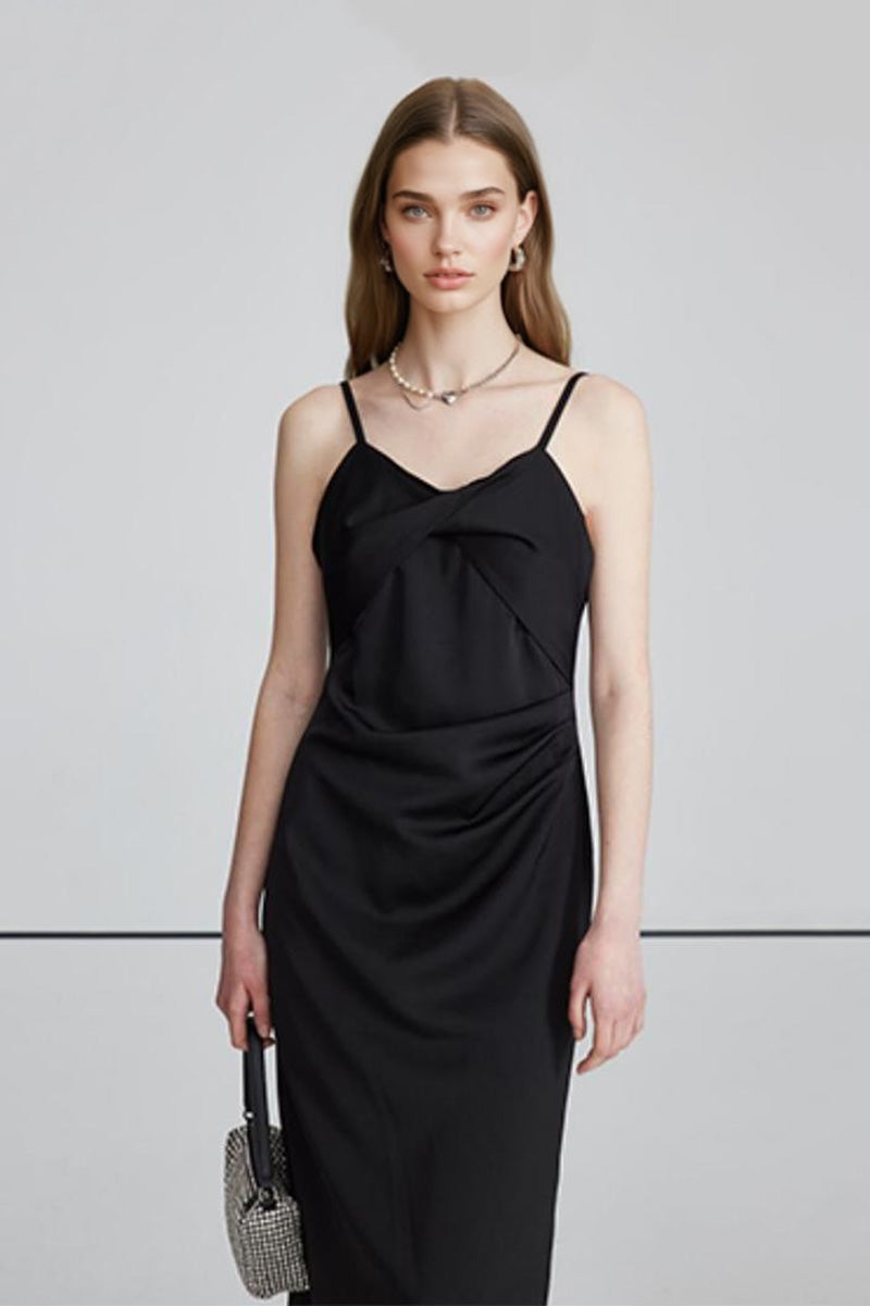 twist front midi dress Black Spaghetti-Strap Twist-Front Midi Dress PS / Black / 97% Polyester 3% Polyurethane Elastane