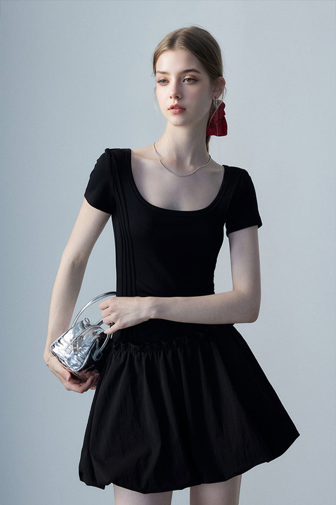 Black Squre-Neck Bubble Mini Dress  Fibflx