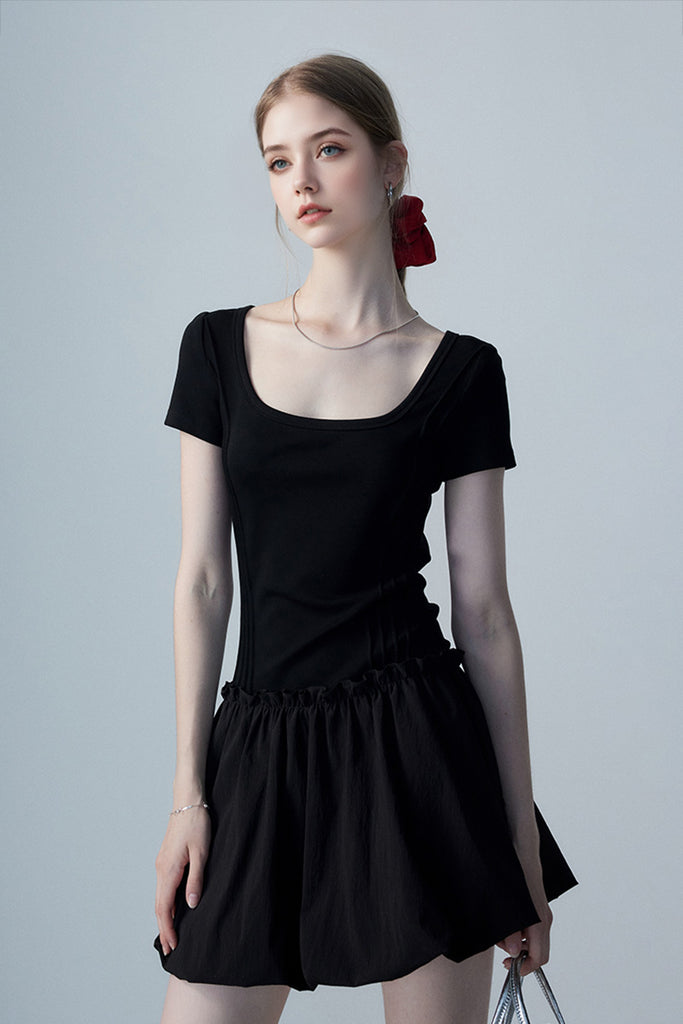 Black Squre-Neck Bubble Mini Dress  Fibflx