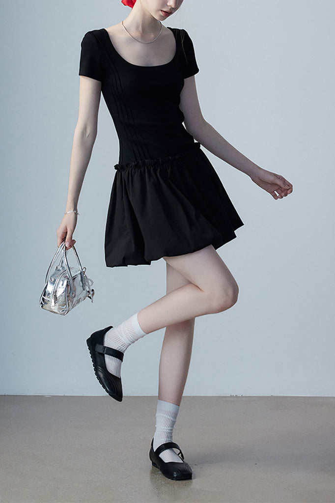 Black Squre-Neck Bubble Mini Dress  Fibflx