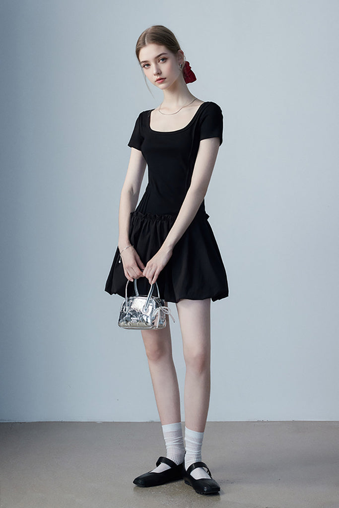 Black Squre-Neck Bubble Mini Dress  Fibflx