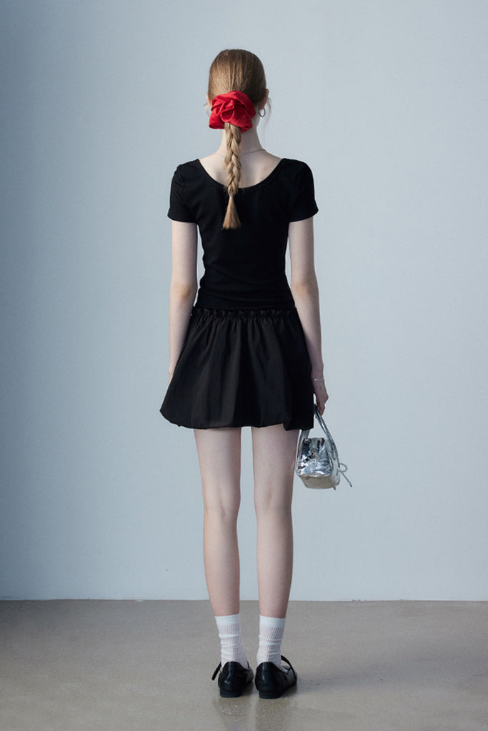 Black Squre-Neck Bubble Mini Dress  Fibflx