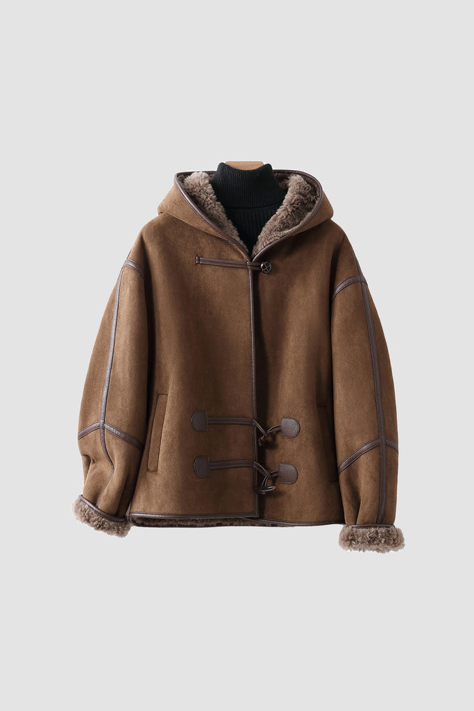 Black Suede Shearling Coat with Hood M / Camel / 100% Recycled Polyester Fibflx