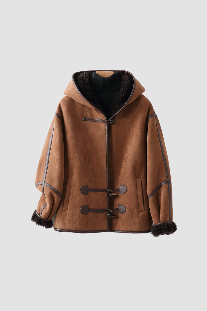 Black Suede Shearling Coat with Hood M / Golden Brown N Cocoa Brown / 100% Recycled Pol Fibflx