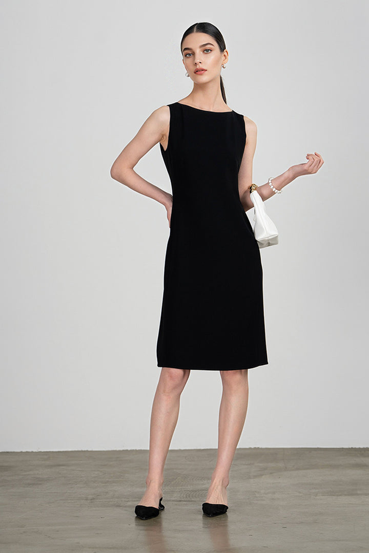 Black Triacetate Sleeveless Boat Neck Midi Dress Black / XS