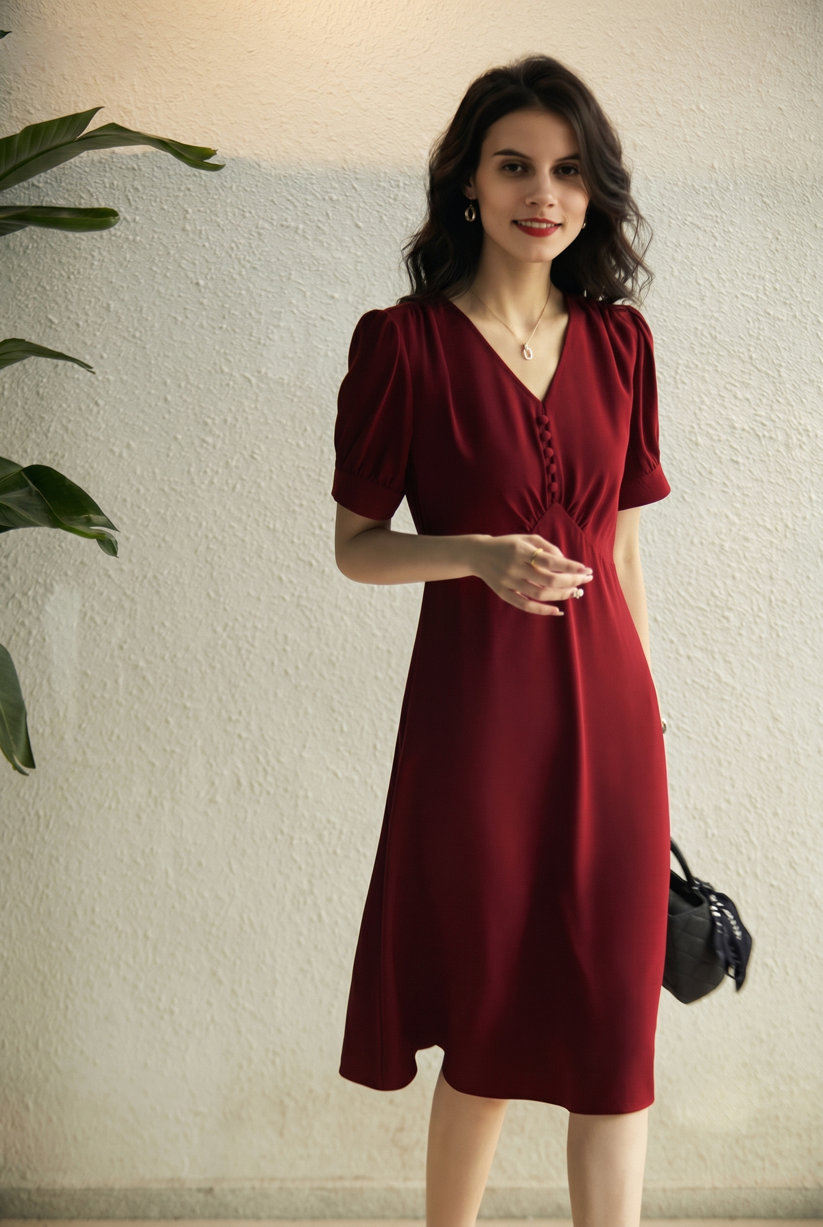 v neck a line midi dress V-Neck Puff Sleeve A-Line XS / Ancora Red / 36.1% Viscose 33.5% Lyocell 24.3% Nylon 6.1% Linen Size:4 (AU) ecomm creative conservatory isolana Fabric Stretch Christmas And Geo Pattern