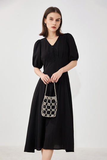 Black V-Neck A-Line Midi Dress - Fibflx