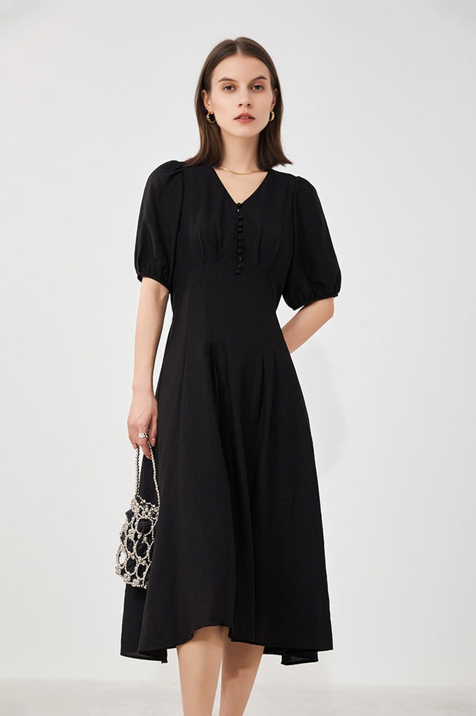 Black V-Neck A-Line Midi Dress  Fibflx