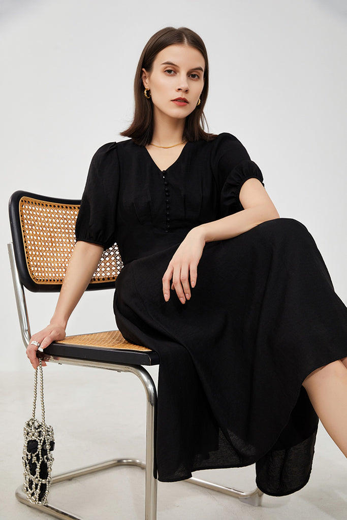 Black V-Neck A-Line Midi Dress  Fibflx