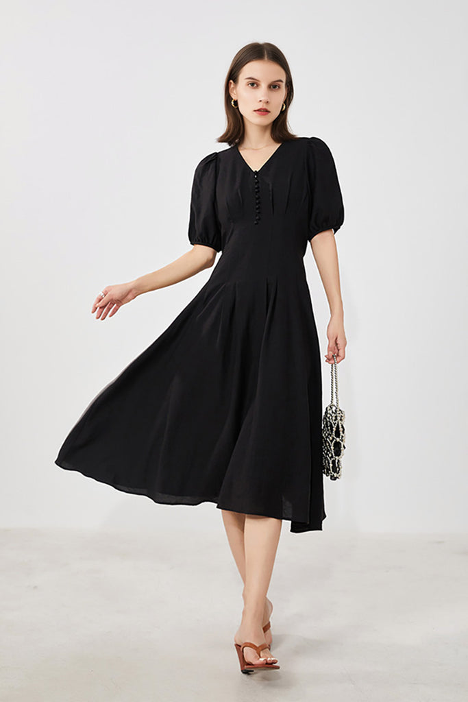 Black V-Neck A-Line Midi Dress  Fibflx