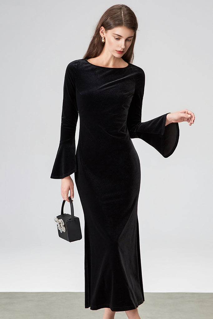 Black Velvet Long Sleeve Crewneck Maxi Dress  Fibflx