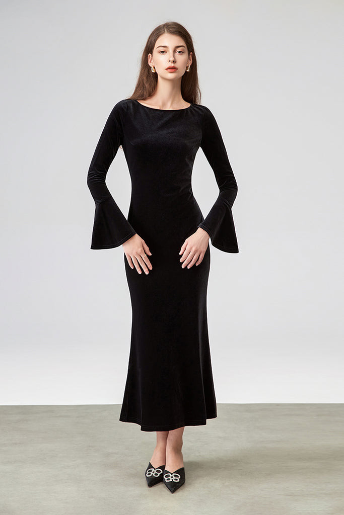 Black Velvet Long Sleeve Crewneck Maxi Dress  Fibflx