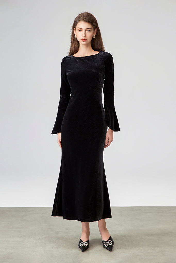 Black Velvet Long Sleeve Crewneck Maxi Dress  Fibflx