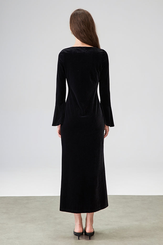 Black Velvet Long Sleeve Crewneck Maxi Dress  Fibflx