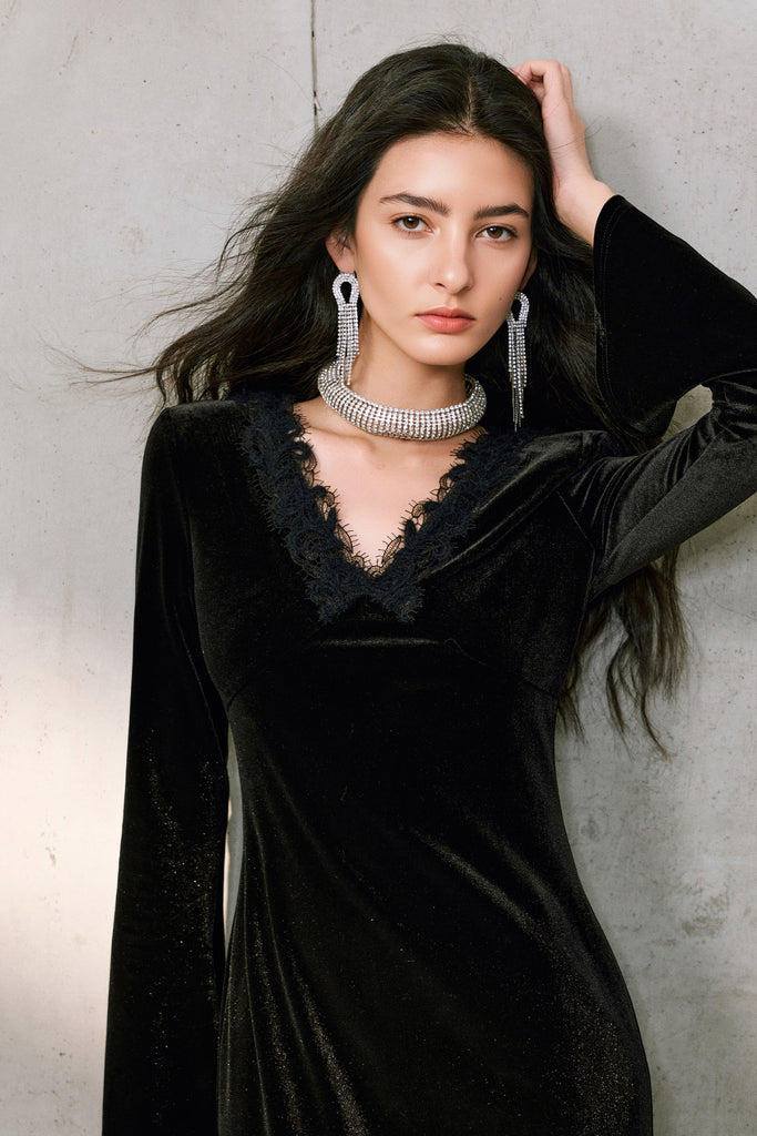 Black Velvet Long Sleeve Lace V-Neck Maxi Dress  Fibflx