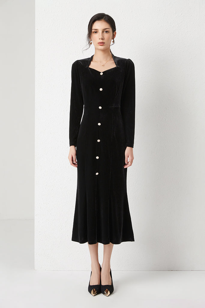 Black Velvet Long Sleeve Sweetheart Midi Dress with Pearls Black / XL Fibflx