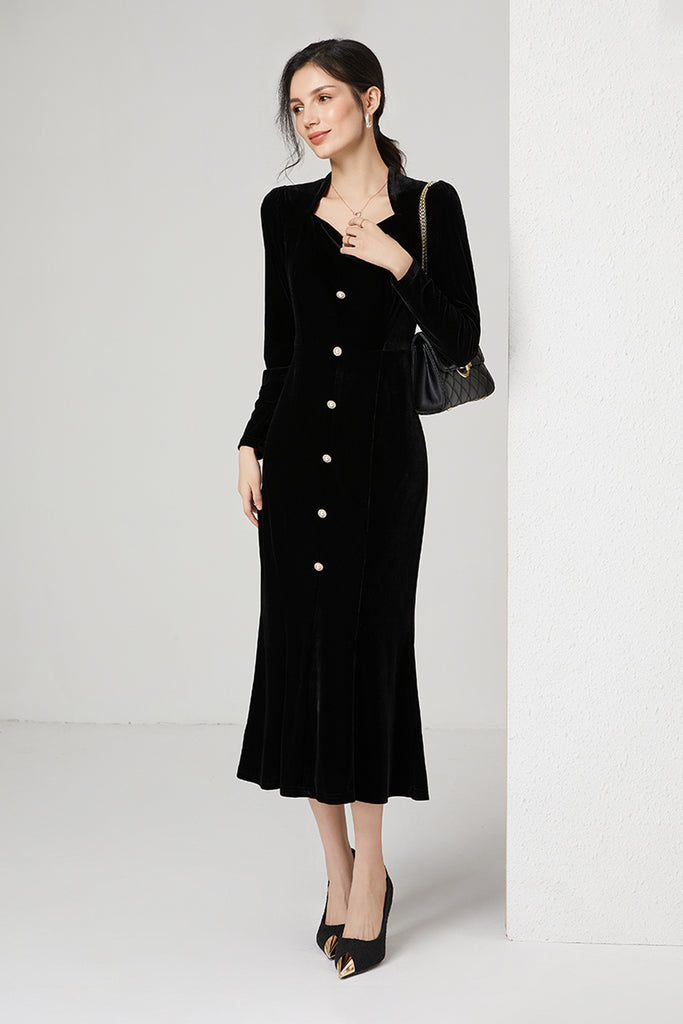 Black Velvet Long Sleeve Sweetheart Midi Dress with Pearls  Fibflx