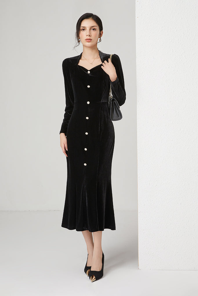 Black Velvet Long Sleeve Sweetheart Midi Dress with Pearls  Fibflx