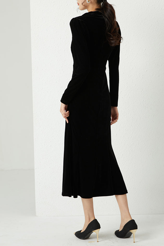 Black Velvet Long Sleeve Sweetheart Midi Dress with Pearls  Fibflx