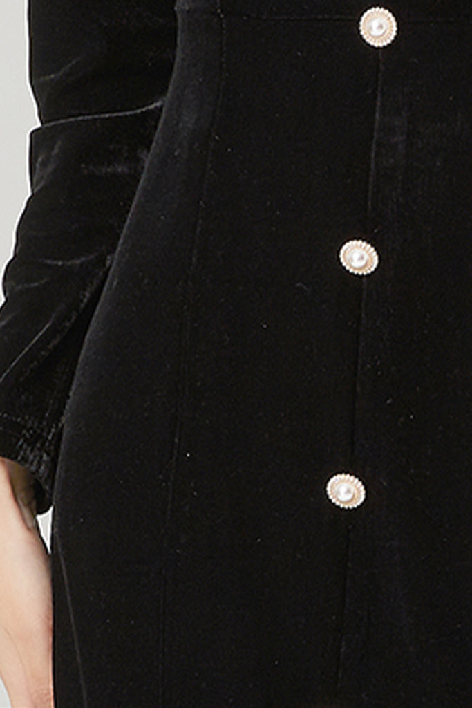 Black Velvet Long Sleeve Sweetheart Midi Dress with Pearls  Fibflx