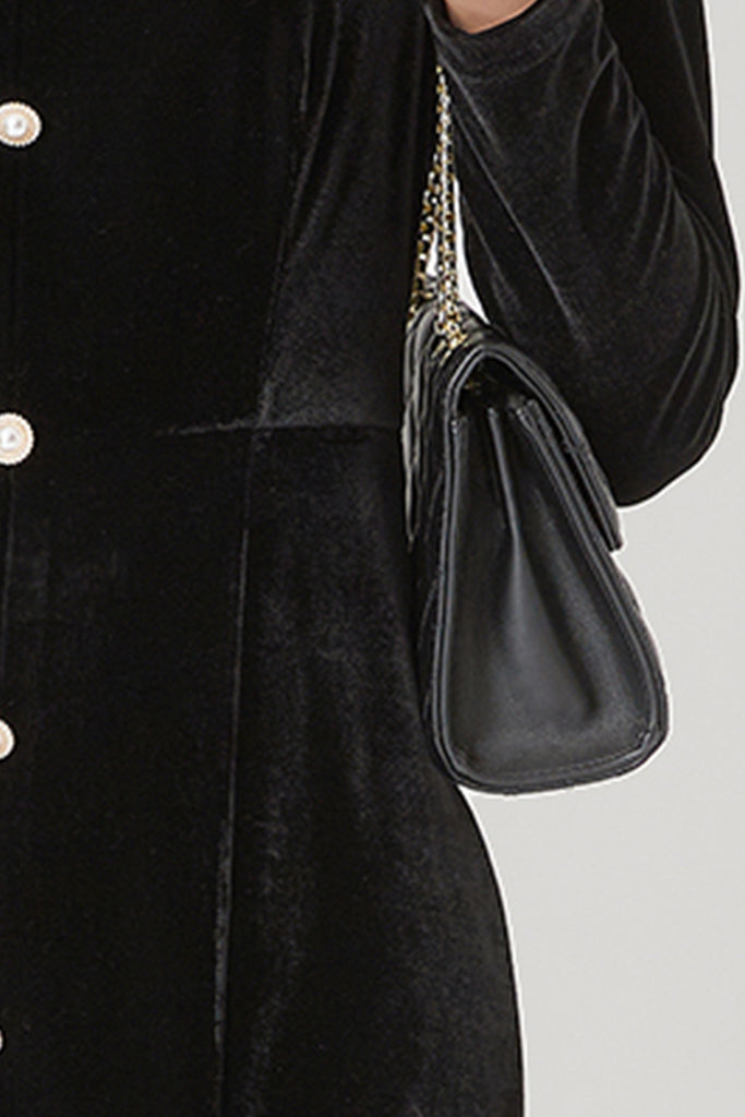 Black Velvet Long Sleeve Sweetheart Midi Dress with Pearls  Fibflx