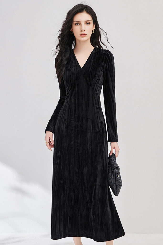 Black Velvet Textured Long Sleeve V-Neck Midi Dress Black / L Fibflx