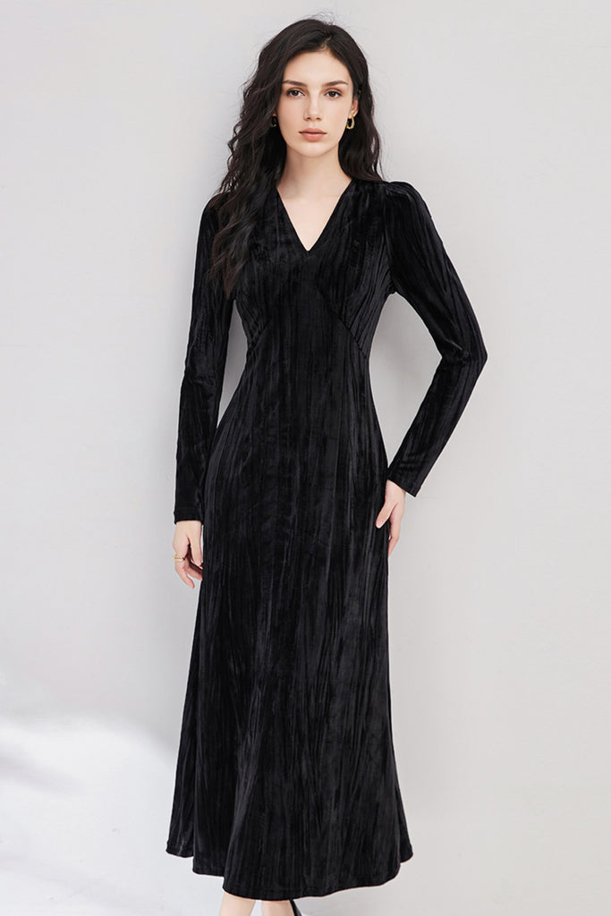 Black Velvet Textured Long Sleeve V-Neck Midi Dress  Fibflx