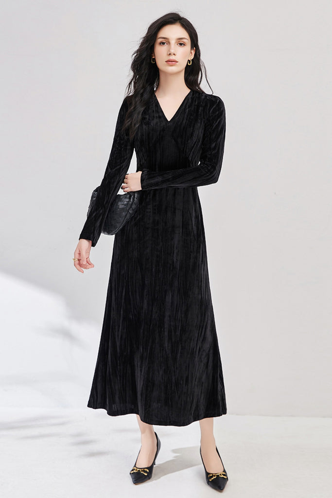 Black Velvet Textured Long Sleeve V-Neck Midi Dress  Fibflx