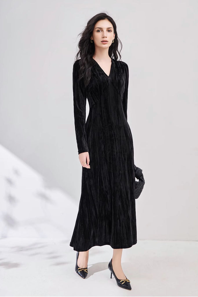 Black Velvet Textured Long Sleeve V-Neck Midi Dress  Fibflx
