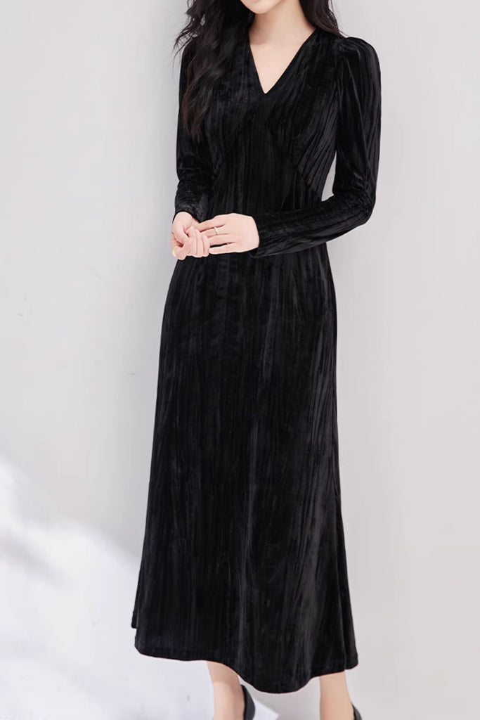 Black Velvet Textured Long Sleeve V-Neck Midi Dress  Fibflx