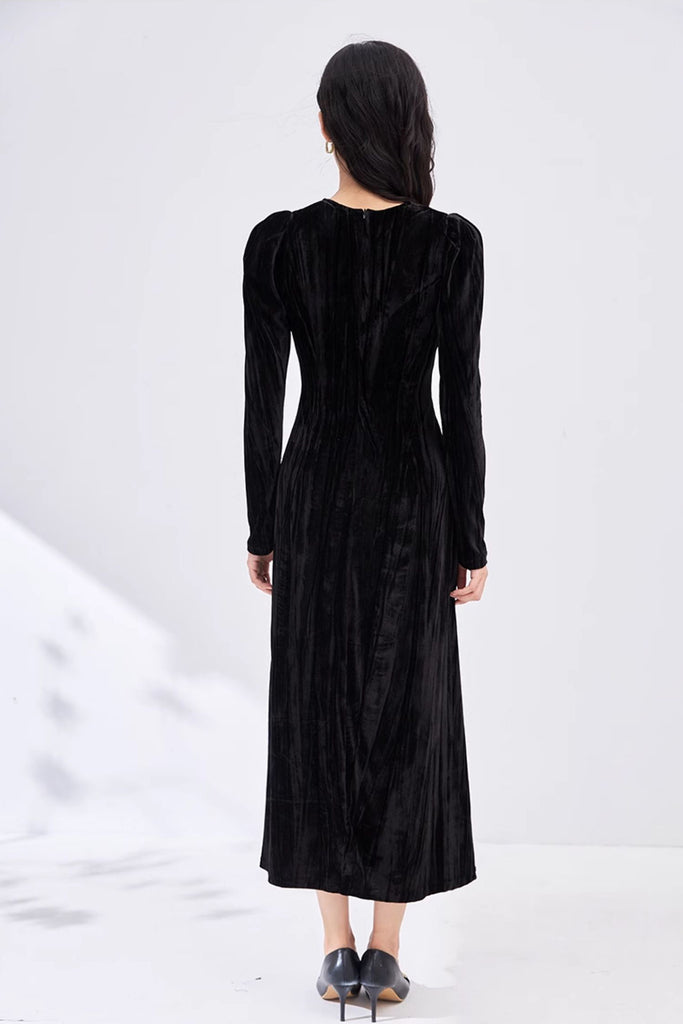 Black Velvet Textured Long Sleeve V-Neck Midi Dress  Fibflx