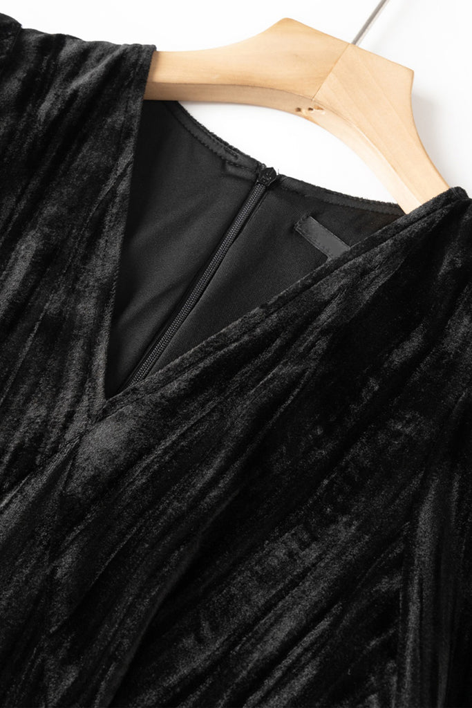 Black Velvet Textured Long Sleeve V-Neck Midi Dress  Fibflx