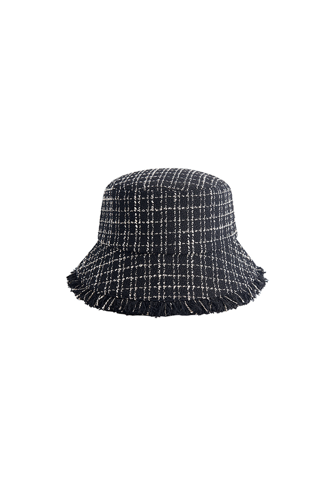 Fibflx Women's Black & White Tweed Bucket Hat with Fringed Edge