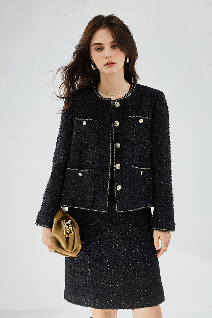 Black Wool Blend Collarless Cropped Tweed Jacket  Fibflx