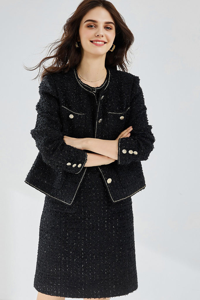 Black Wool Blend Collarless Cropped Tweed Jacket  Fibflx
