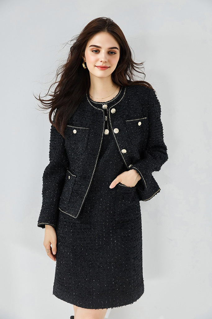 Black Wool Blend Collarless Cropped Tweed Jacket  Fibflx