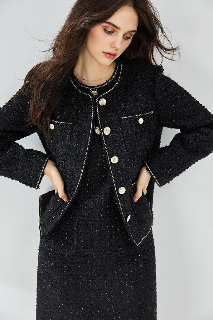 Black Wool Blend Collarless Cropped Tweed Jacket  Fibflx