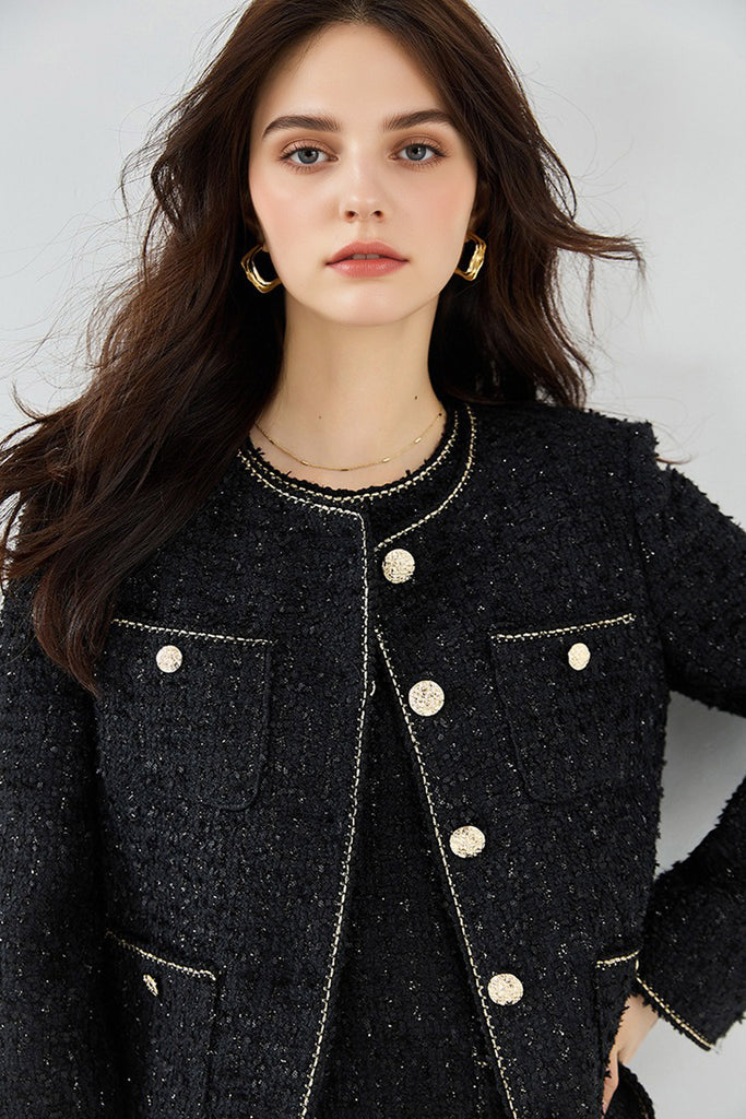 Black Wool Blend Collarless Cropped Tweed Jacket  Fibflx