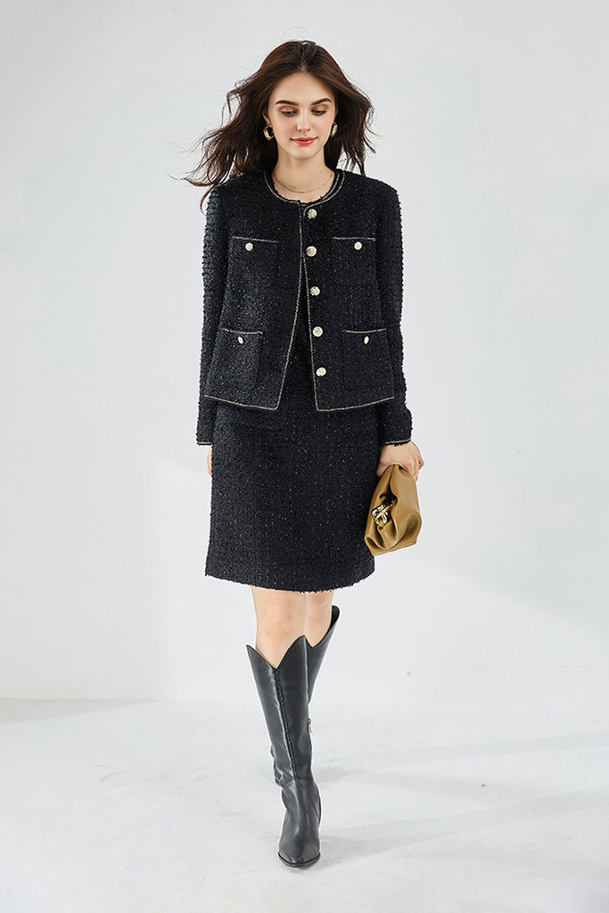 Black Wool Blend Collarless Cropped Tweed Jacket  Fibflx