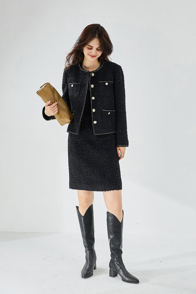 Black Wool Blend Collarless Cropped Tweed Jacket  Fibflx